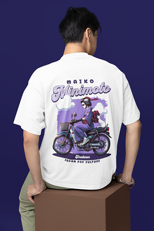Maiko Minimoto Printed Unisex Oversize Cut 100% Cotton Soft Textured Crew Neck White T-Shirt
