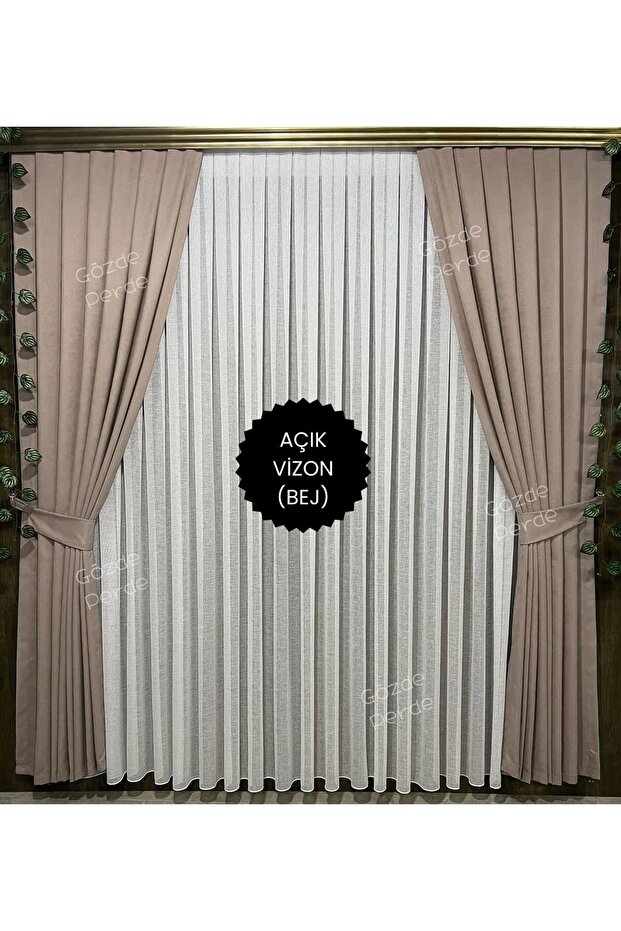 Açık Vizon Bej Taş Fon Perde Seyrek Pile 1/2 – Modern Kalın Kadifemsi Ada Fon Perde Tek Kanat - 1