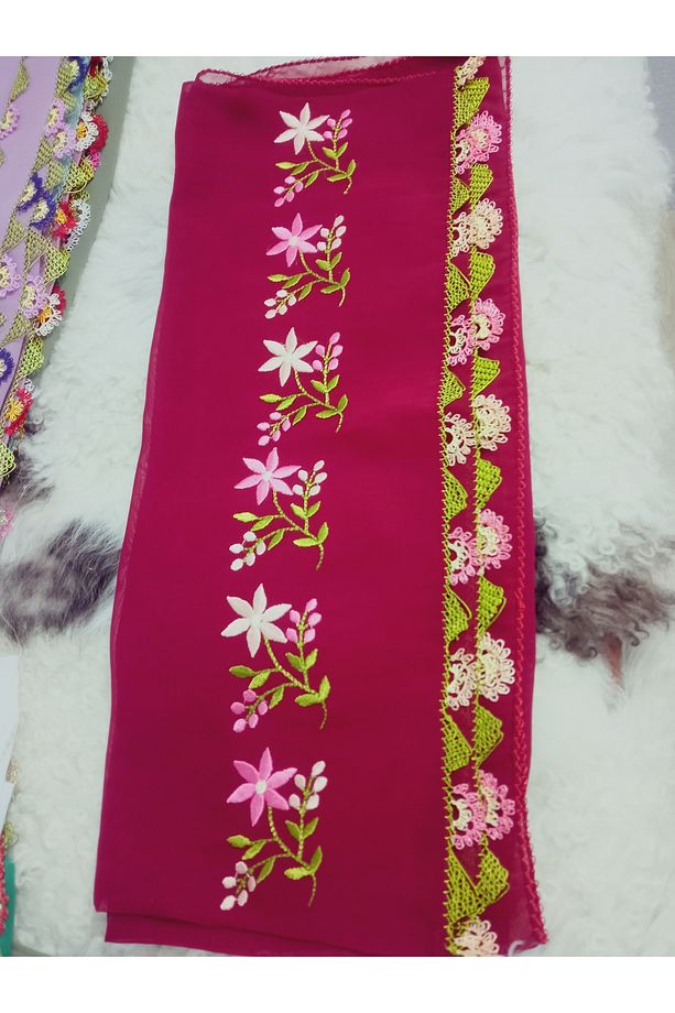 El Emeği Nakış Işlemeli Iğne Oyalı Namaz Örtüsü Çeyizlik Mevlit Başörtüsü Krep Kumaş 145x75 Cm - 1