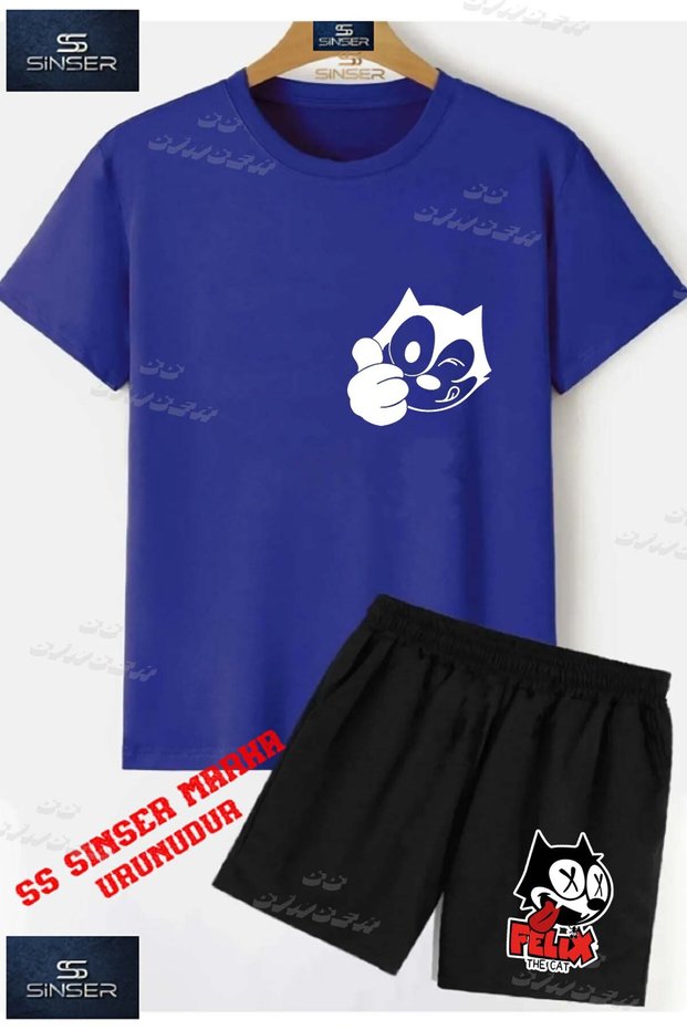 Children's Unisex “Felix Cat Head Logo White Black“ Custom Printed Crew Neck T-Shirt - Shorts Set