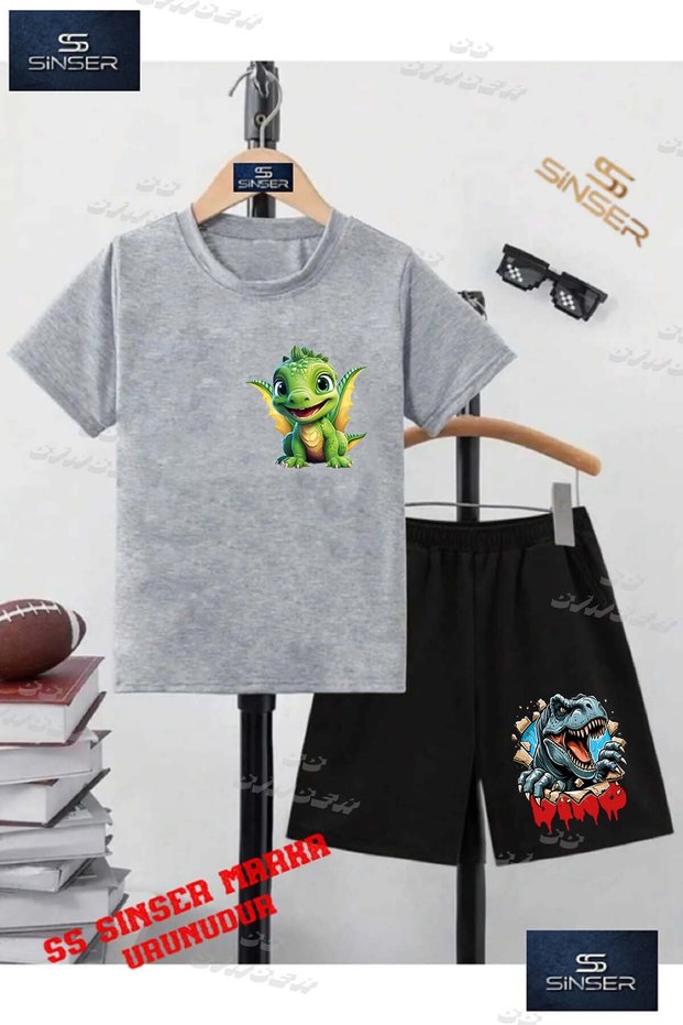 Children's Unisex “Dinosaur Green Wings“ Special Printed Crew Neck T-Shirt - Shorts Set