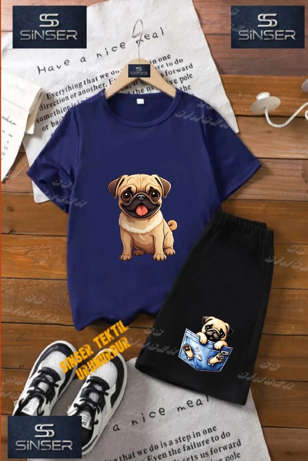 Kids Unisex “Dog Pug Tongue Out“ Custom Printed Crew Neck T-Shirt - Shorts Set