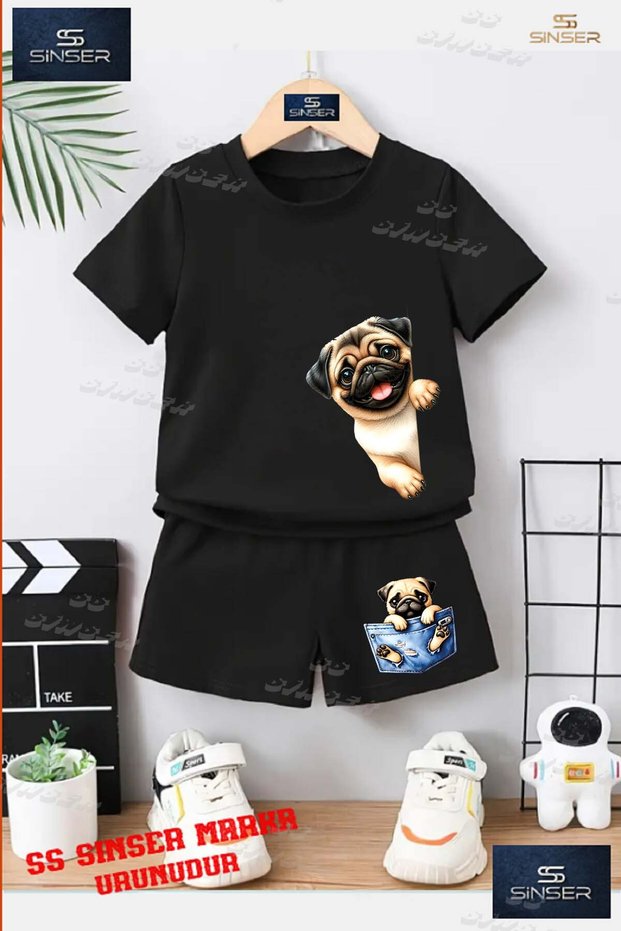 Children's Unisex “Dog Pug Yandan Half“ Custom Printed Crew Neck T-Shirt - Shorts Set