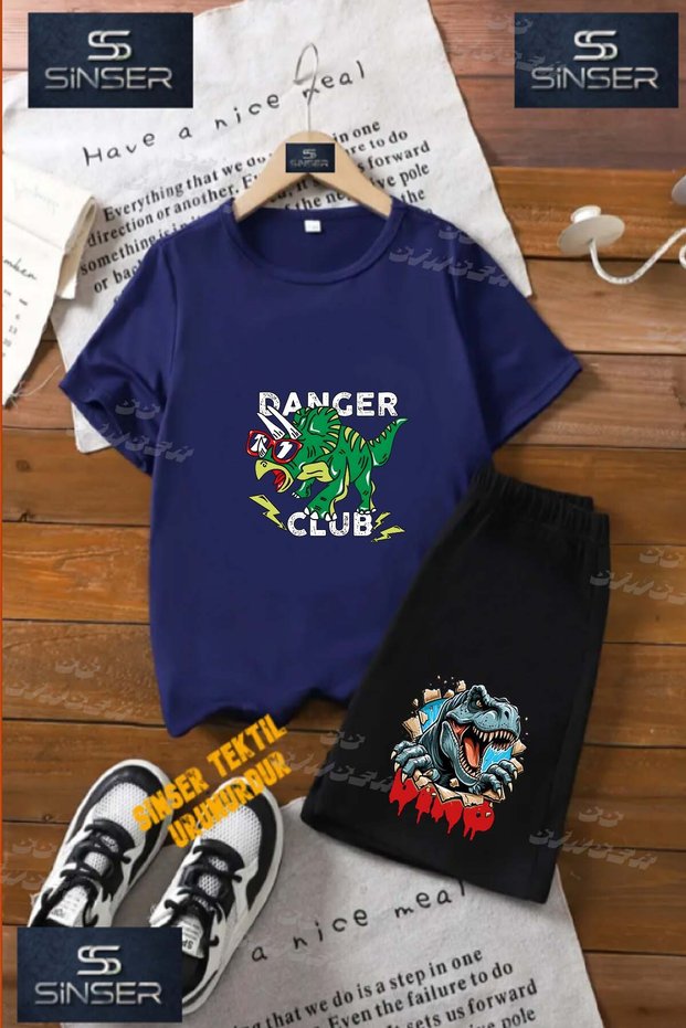 Children's Unisex “Dinosaur Green Glasses“ Special Printed Crew Neck T-Shirt - Shorts Set