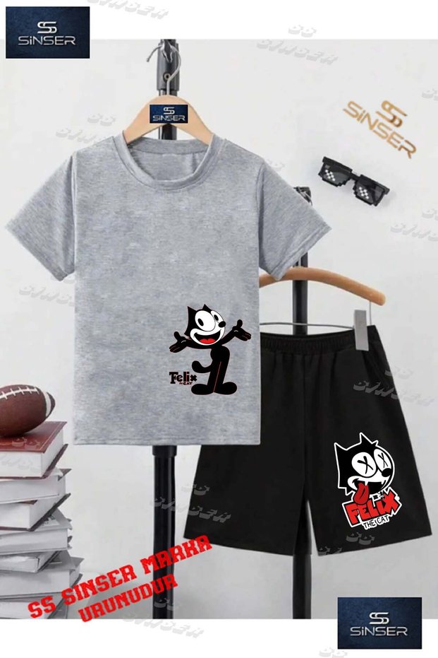 Kids Unisex “Felix Cat Sleeves Open“ Custom Printed Crew Neck T-Shirt - Shorts Set
