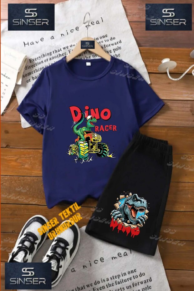 Children's Unisex “Dino Racer“ Special Printed Crew Neck T-Shirt - Shorts Set