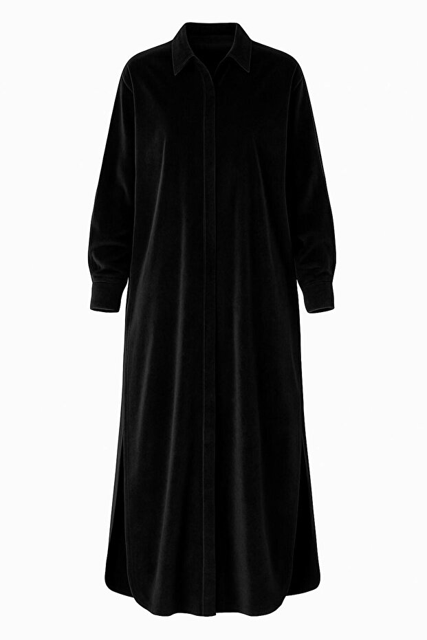 Yanlardan Yırtmaç Detaylı A-Form/Oversize Kalıp Maxi Siyah Kadife Gömlek Elbise - 1