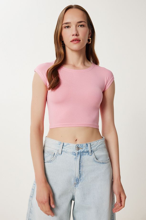2’li Paket Basic Crop Örme Bluz LZV0017 PEMBE SARI - 2