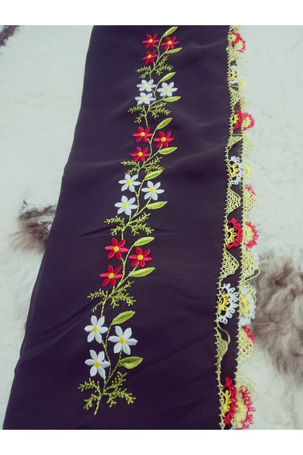 El Emeği Nakış Işlemeli Iğne Oyalı Namaz Örtüsü Çeyizlik Mevlit Başörtüsü Krep Kumaş 145x75 Cm - 2