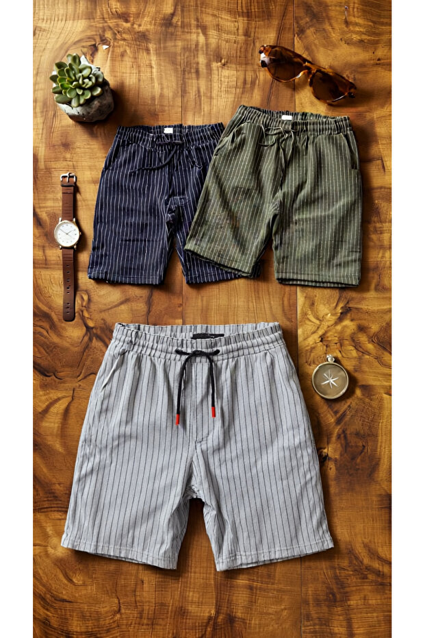 Men's Slim Fit Gray Black Khaki Striped Cotton Summer Shorts 3-Piece