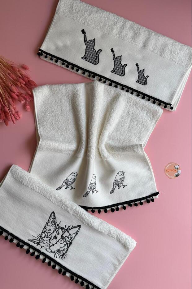 Africa Cat and Bird |   3-Piece Embroidered Hand Towels – 100% Cotton, Stylish, Ethnic Design Towel Set (50X90 cm)