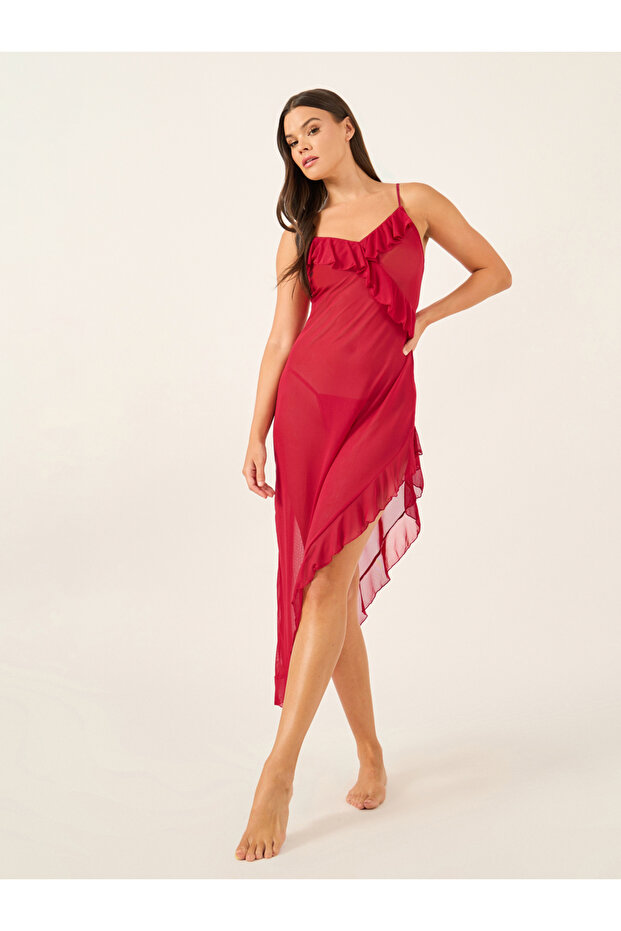 Ruffle Edge Mesh Side Slit Midi Slip Dress with Briefs