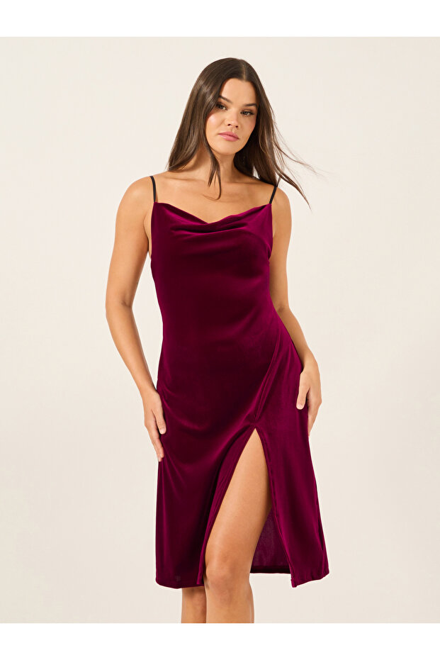 Velvet Cowl Neck Slip with Side Thigh Slit