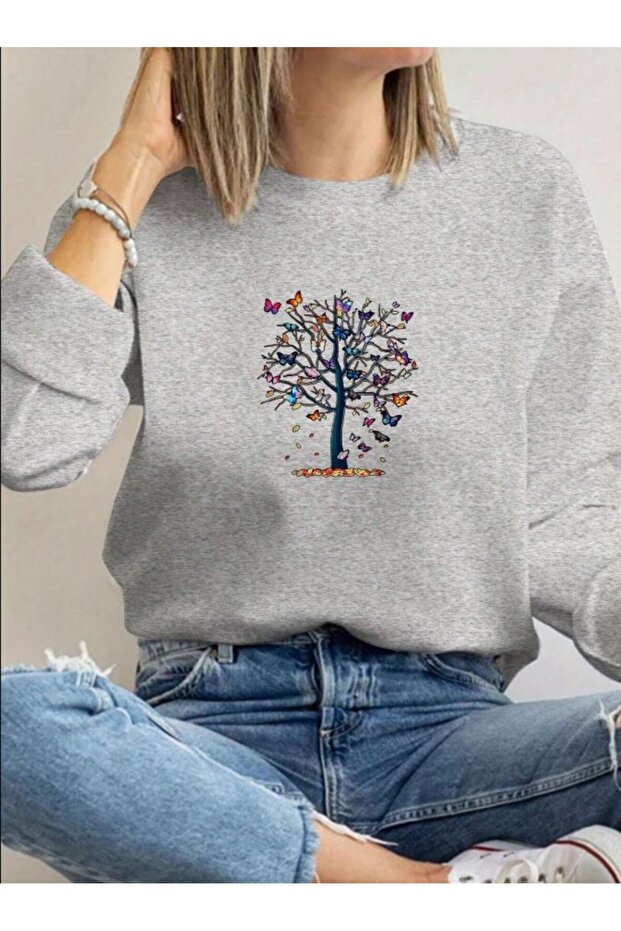 Mini Butterflies Printed Crew Neck Sweatshirt with Fleece Inside