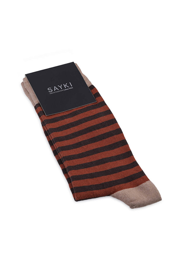 جوارب قطنية مخططة باللون البيج - 1