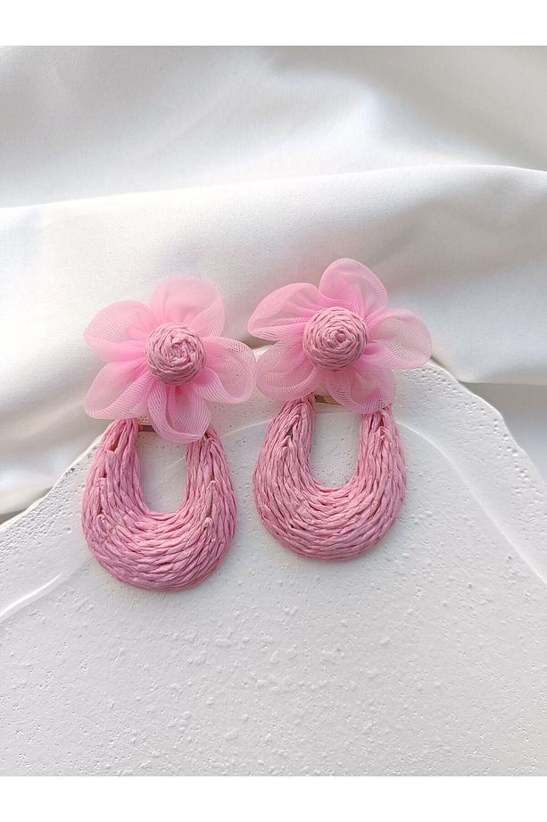 Pembe Çiçekli Hasır Küpe - 1