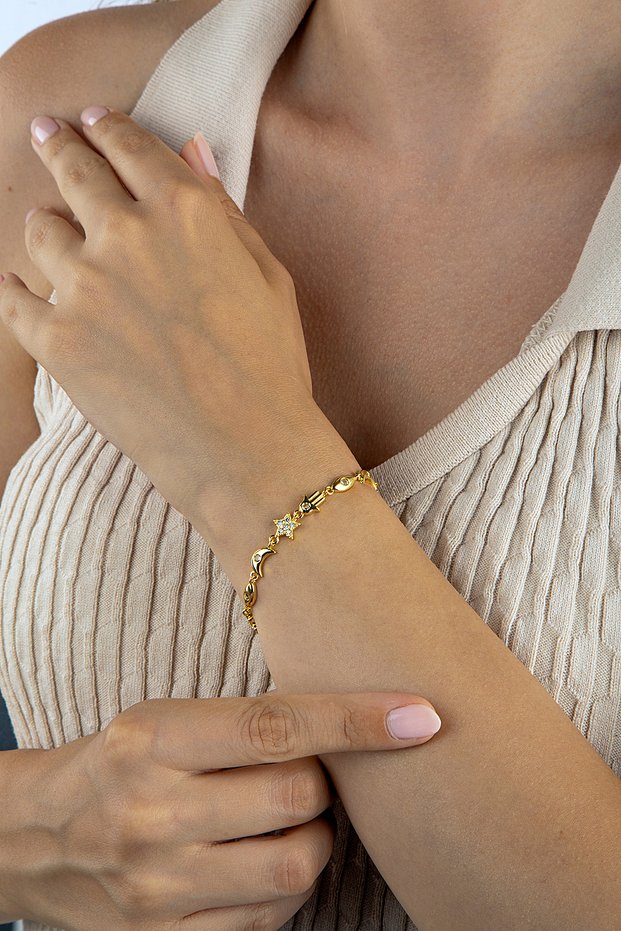 Gold Colored Moon & Star & Eye & Hand Figured Bracelet