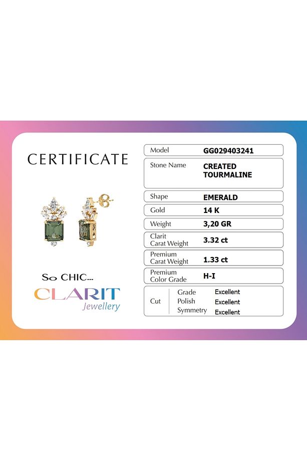Created Tourmaline Taşlı Zümrüt Kesim 14 Ayar Sarı Altın Küpe - 3