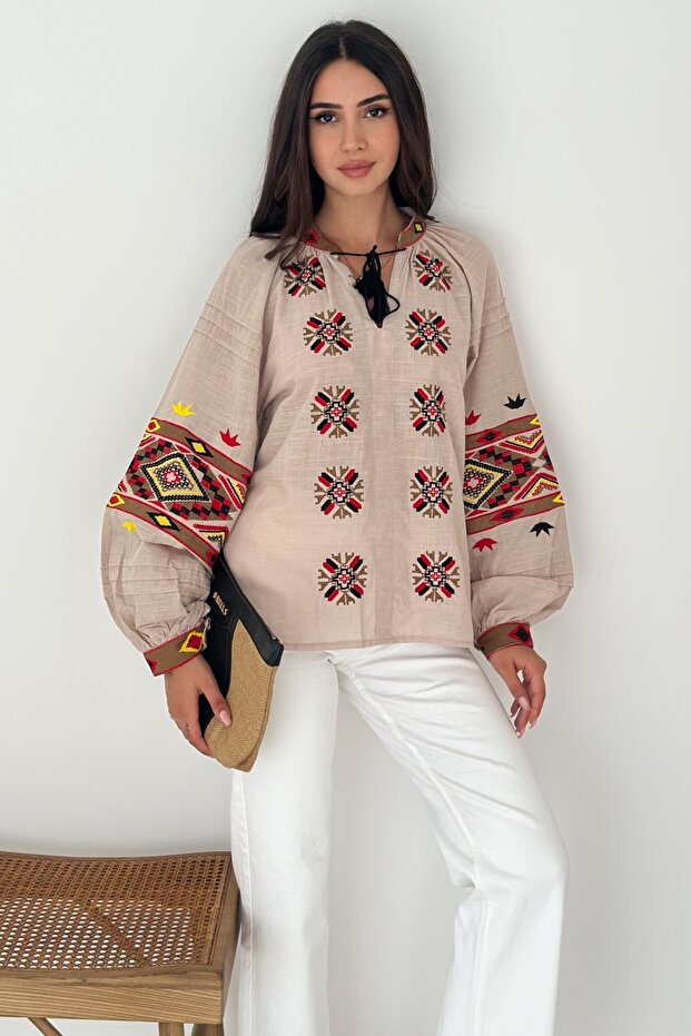 Women's Beige Ethnic Pattern Lace-Up Collar Bohemian Style Long Sleeve Embroidery Embroidered Cotton Blouse