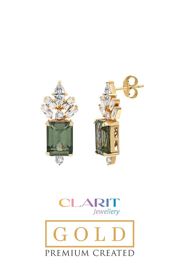 Created Tourmaline Taşlı Zümrüt Kesim 14 Ayar Sarı Altın Küpe - 1