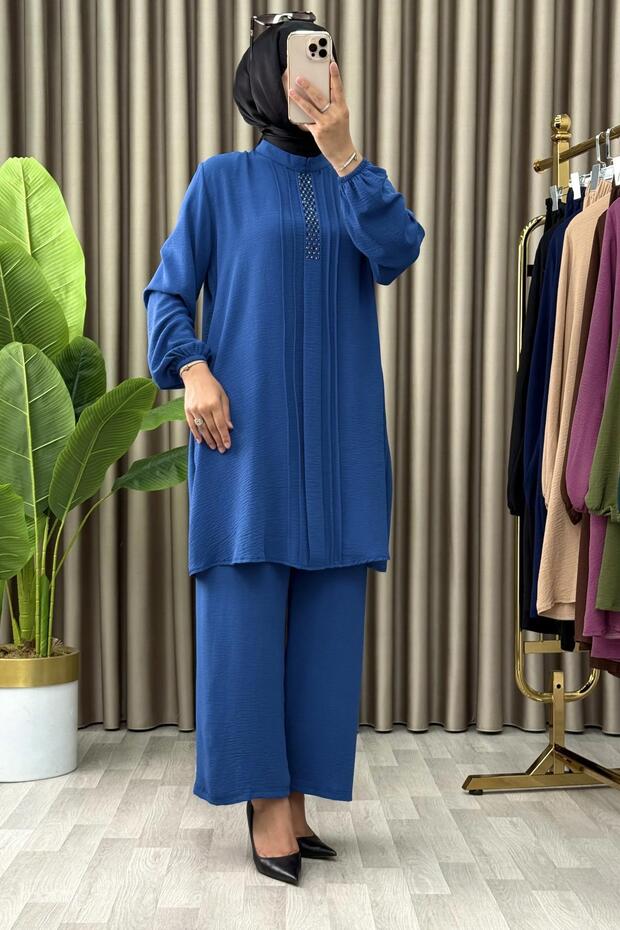 City Suit Elastic Waist Trousers Stone Detailed Aerobin Tunic Bottom Top Double Hijab Suit