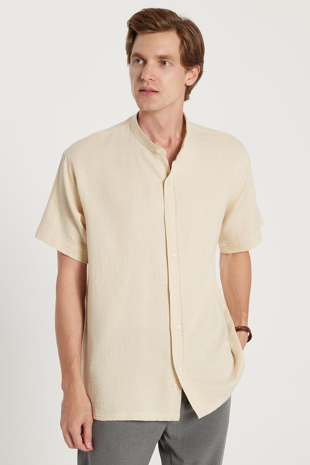 Men's Relax Fit Comfortable Cut Oversized 100% Cotton Muslin Fabric Short Sleeve Sport Court Collar Beige Shirt