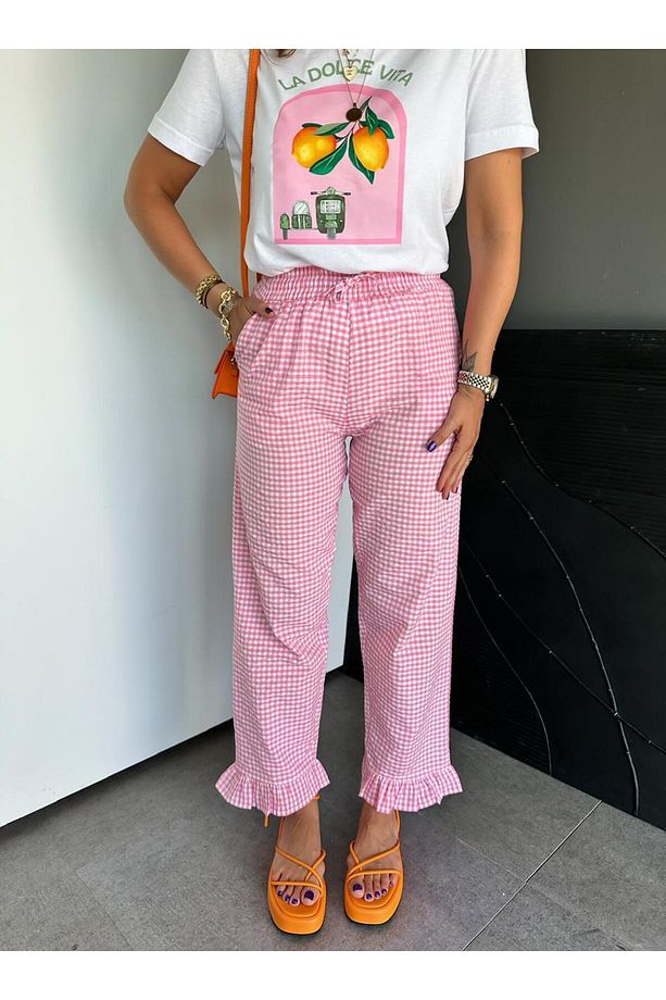 Pembe Paçası Fırfırlı Ekose Pantolon - 5