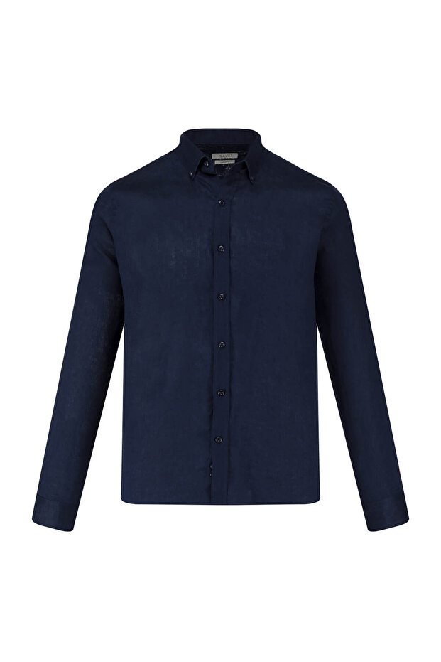 Navy Blue Comfort Fit 100% Linen Button Collar Long Sleeve Linen Shirt
