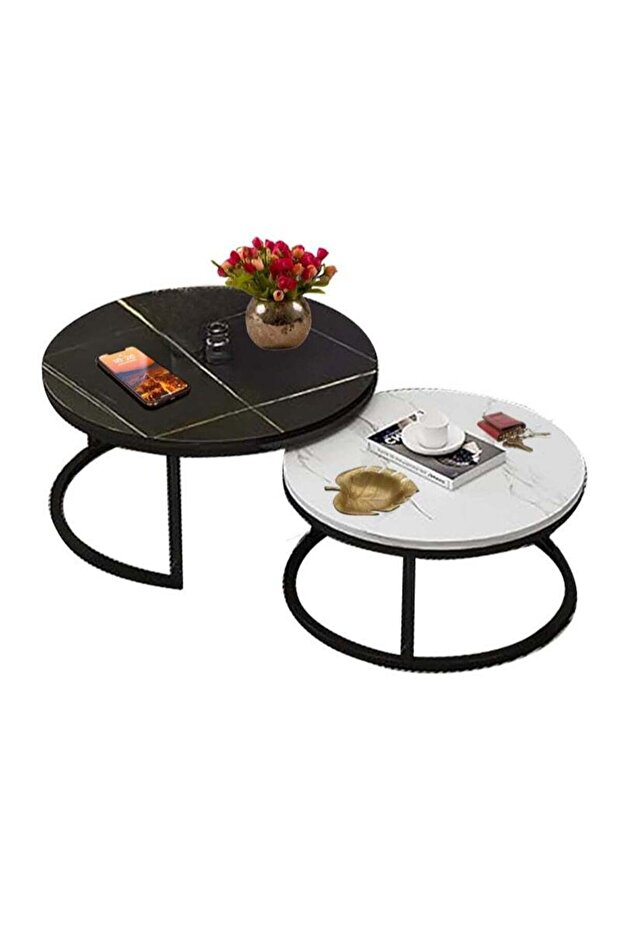 2 Pieces Table Set, Round Nesting Storage Coffee Tables with Open Shelf Simple Marble Design for - 1