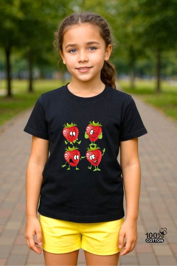 Girls' Crew Neck Cute Strawberries Printed 100% Cotton T-Shirt