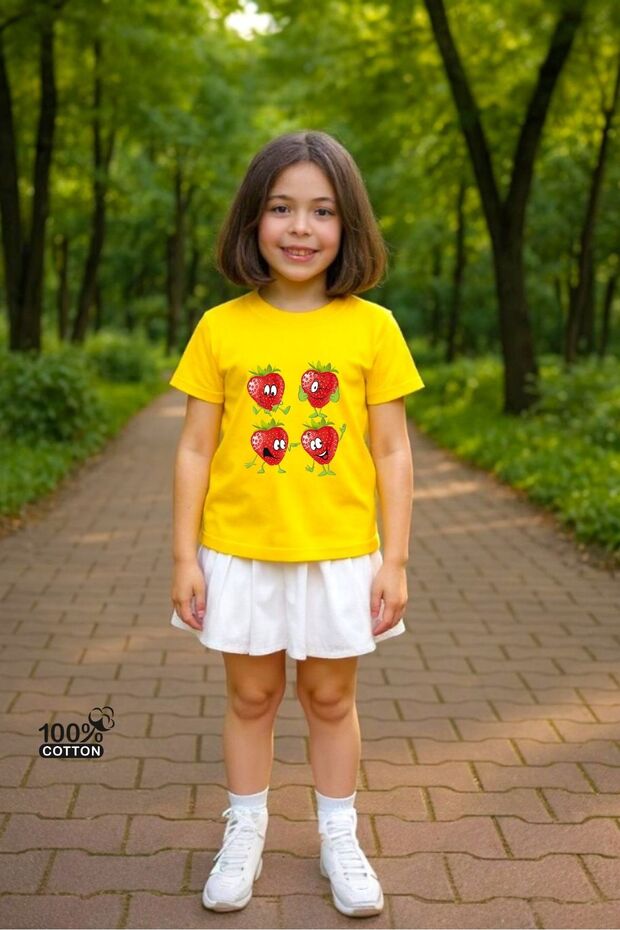 Girls' Crew Neck Cute Strawberries Printed 100% Cotton T-Shirt