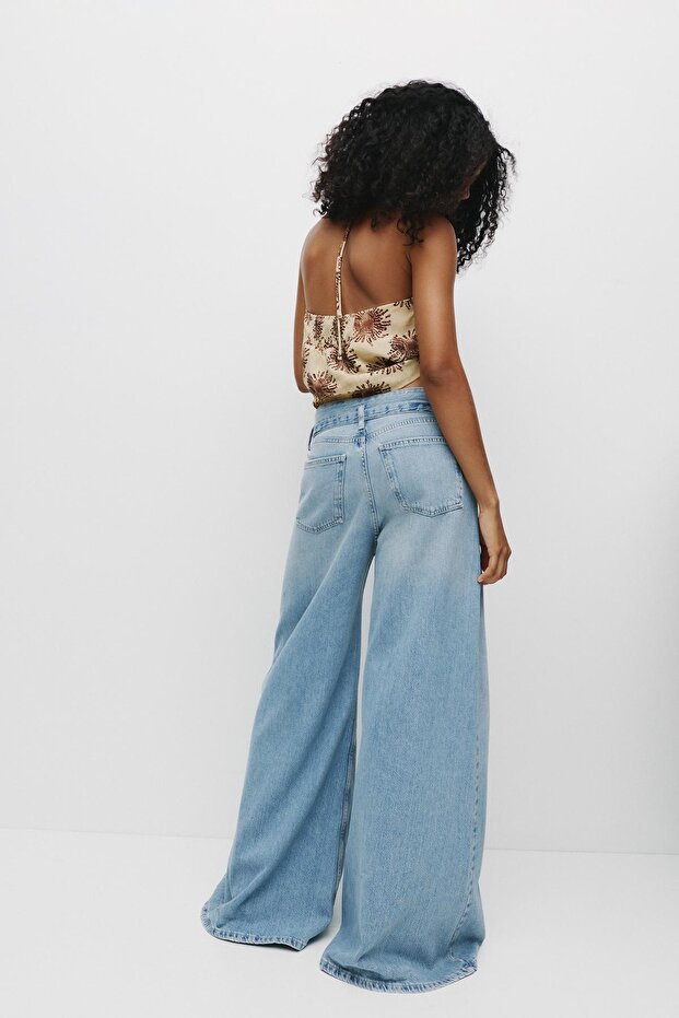 Kemerli süper geniş paça jean - 3