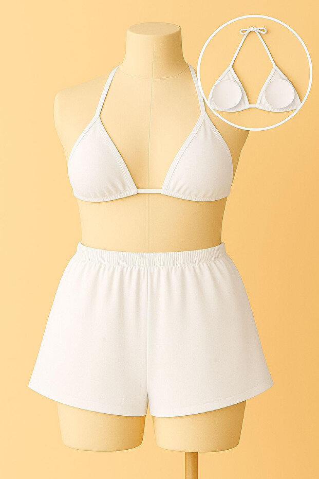 Kadın Beyaz Şortlu Belden ve Boyundan Bağlamalı Bikini Takımı - 2