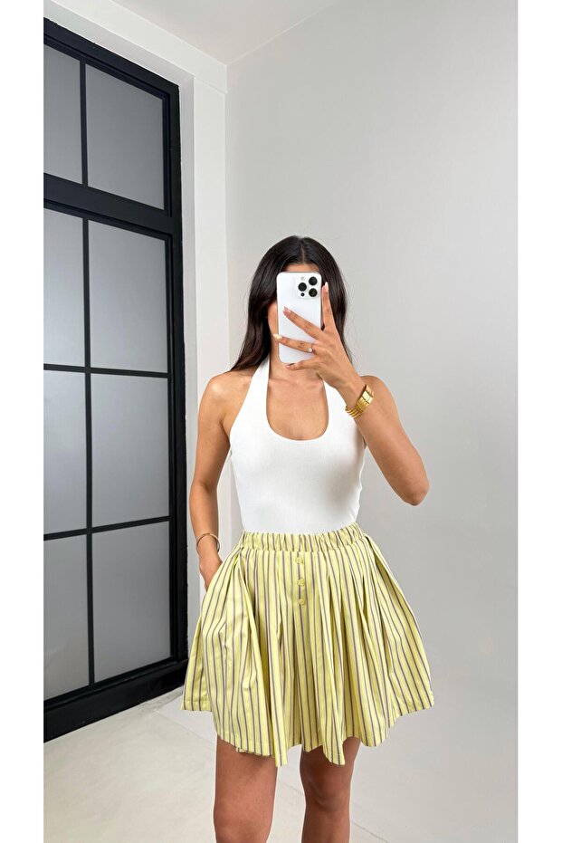 Sarı Vizon Şeritli Pileli Şort Etek Gaus00650 - 2