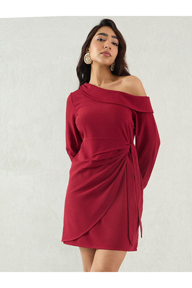 Maroon Solid One Shoulder Wrap Look A-Line Mini Dress