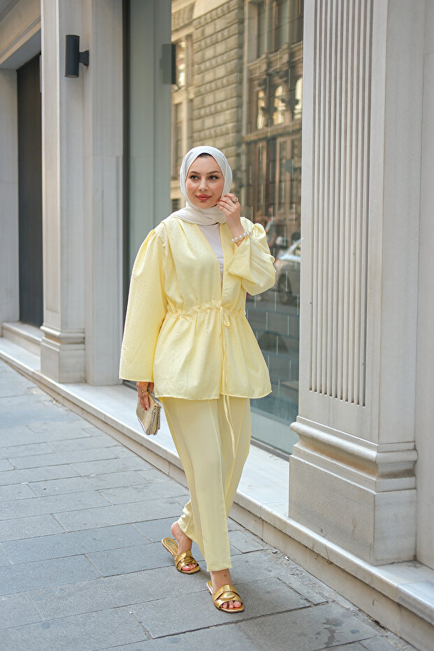 Women's Front Tie Stone Detail Double Suit Yellow
