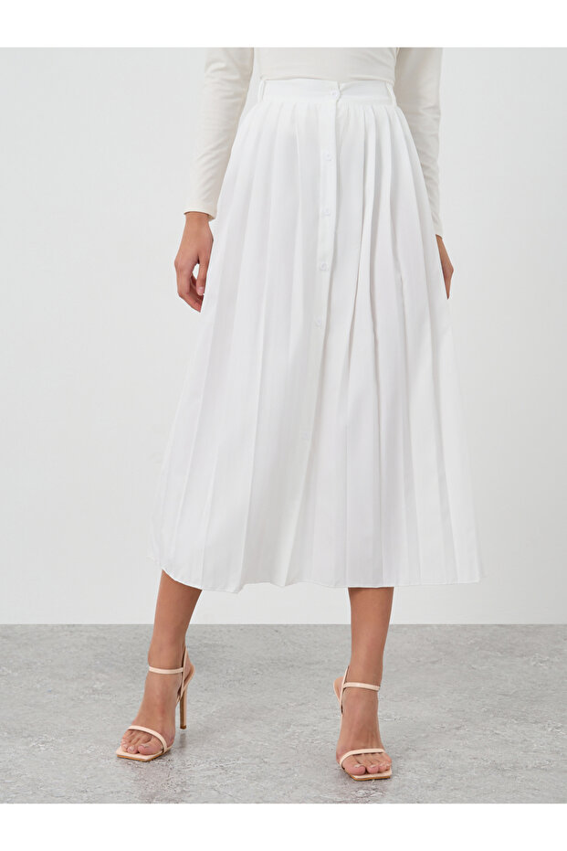 تنورة ميدي سادة مطوية على شكل حرف A مع أزرار أمامية - 2