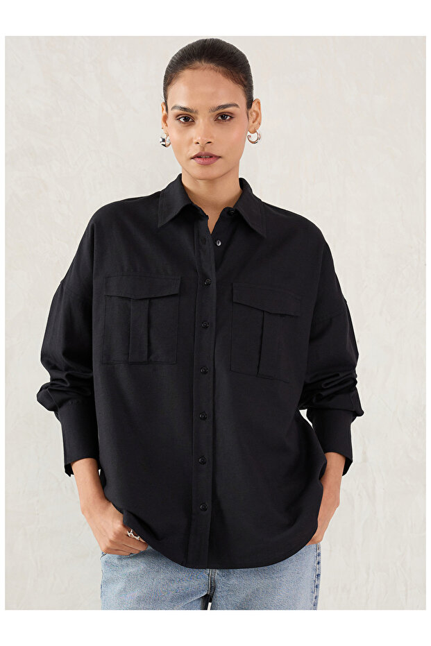 Black Pocket Detail Buttoned Shirt