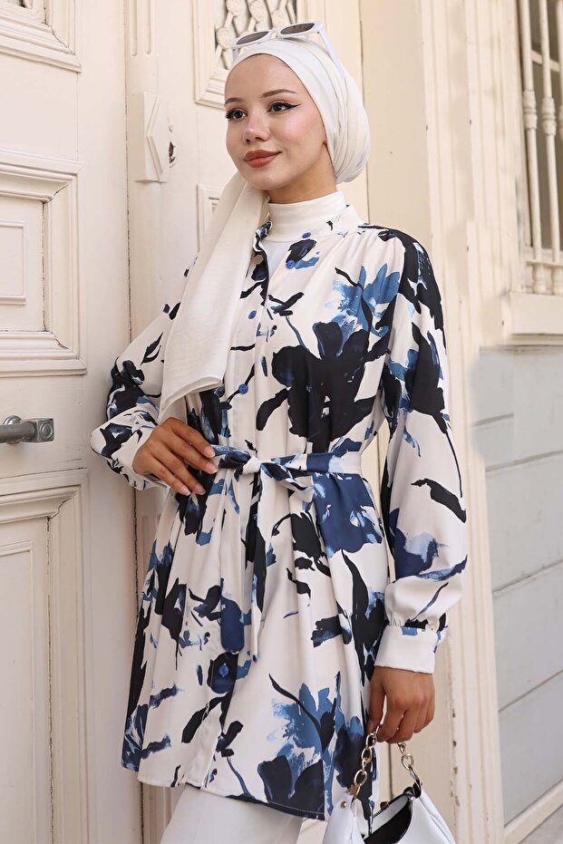 Patterned Hijab Shirt Navy Blue 701