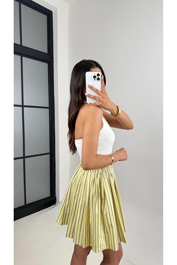 Sarı Vizon Şeritli Pileli Şort Etek Gaus00650 - 3