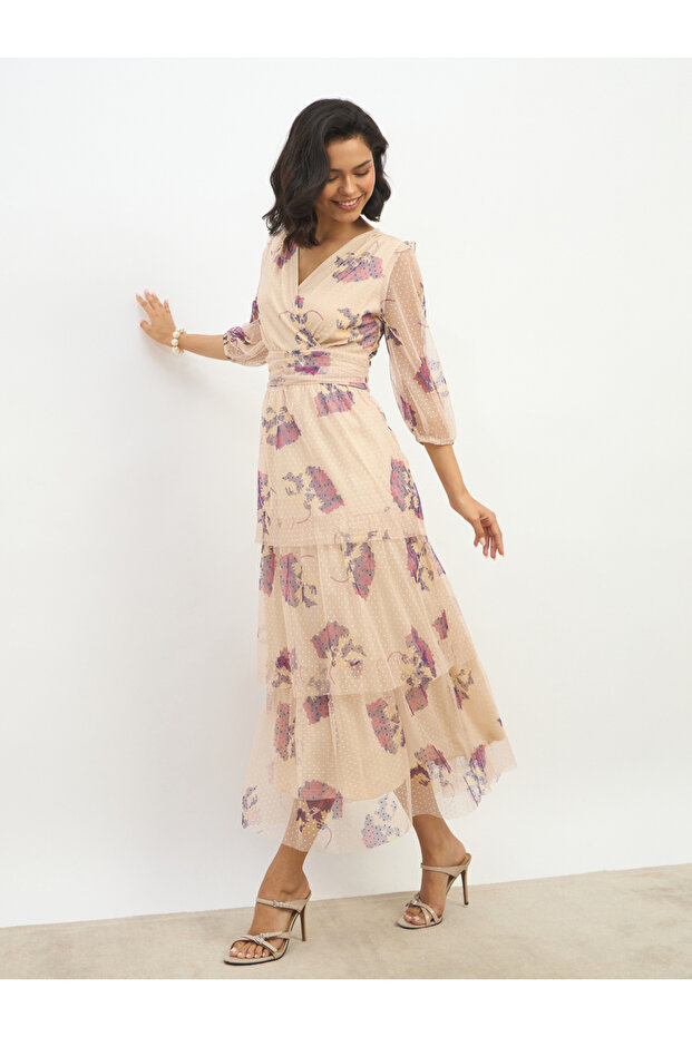 All-Over Floral Print V Neck Tiered Maxi Dress