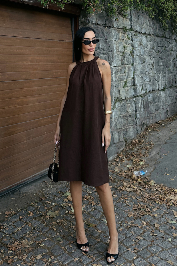 Women's Halter Neck Sleeveless Pocketed Linen Woven Short Dress Brown
