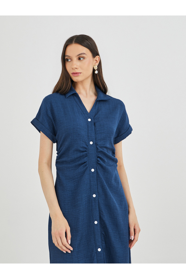 Solid Collared Buttoned Shirt Maxi Dress - 3
