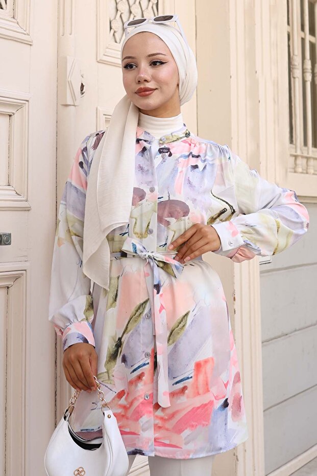 Patterned Hijab Shirt Lilac 701