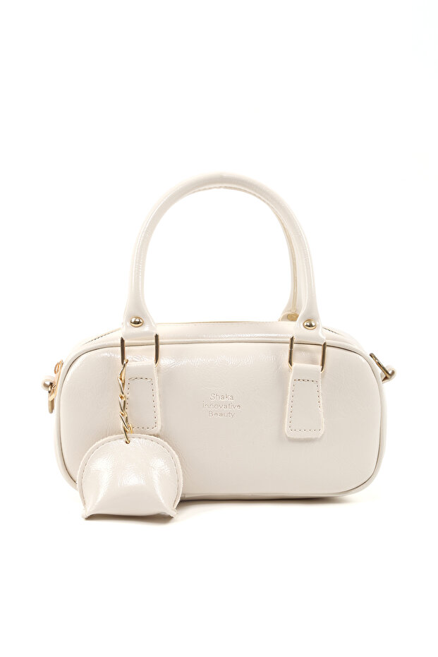 Crinkle Textured Cream Shk207 Faux Leather Charm Detailed Zippered Adjustable Strap Hand, Arm and Shoulder Bag