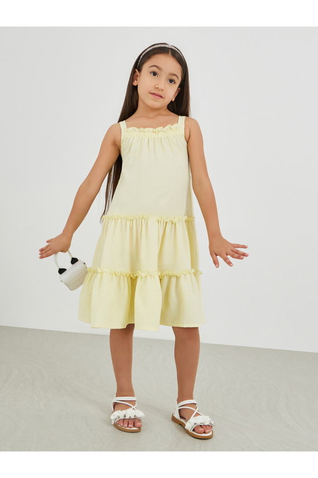 Girls Yellow Ruffled Textured Dress