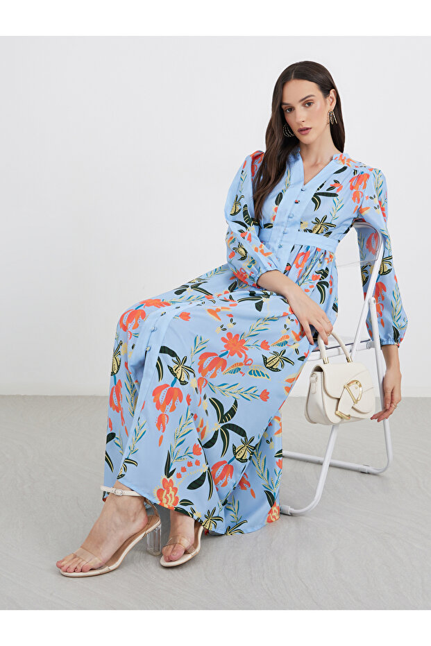 All Over Print Buttoned A-Line Maxi Dress
