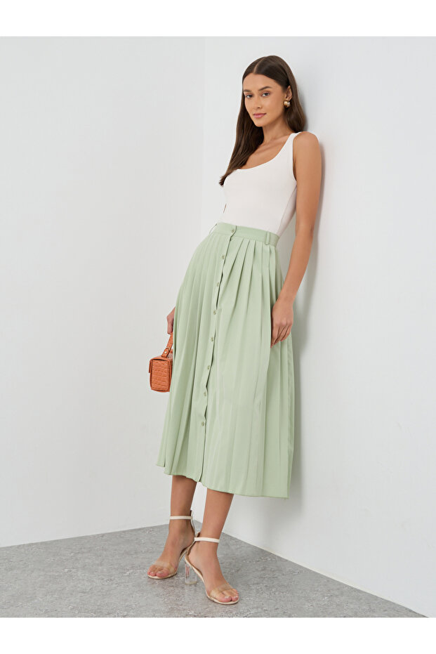Pleated Buttoned A-Line Midi Skirt