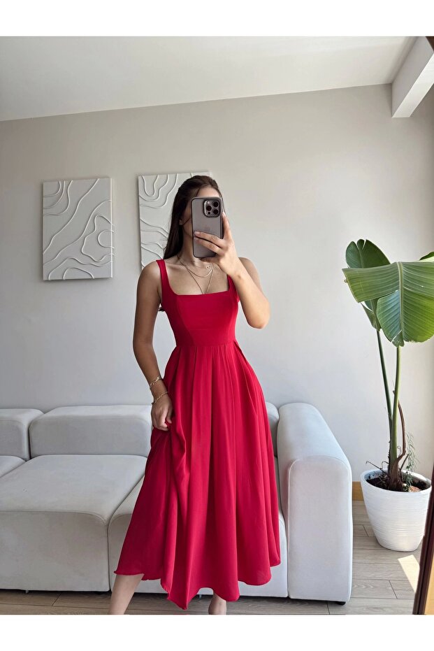 Valeria Kare Yaka Midi Elbise - KIRMIZI - 3