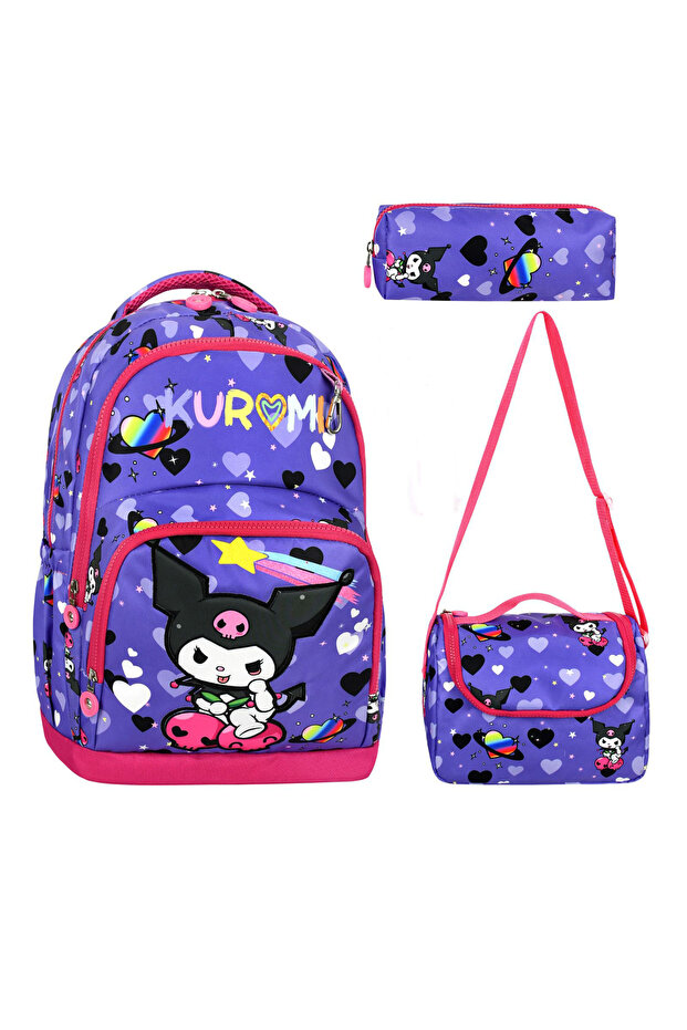 Kuromi 3 Piece Primary School Bag with Thermoses Featured Lunch and Pencil Case